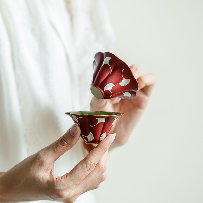 Authentic Changpuju Coarse Stoneware Kohiki Ginkgo Leaf Floral Master Cup - 85ml Teacup