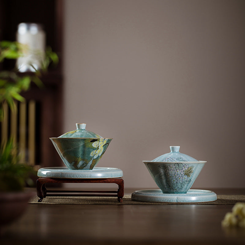 Authentic Ice-Flake Crackle Hand-Painted San Cai Gaiwan - 165ml Anti-Scald Tea Bowl