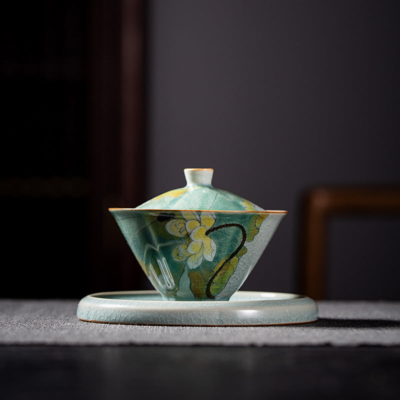 Authentic Ice-Flake Crackle Hand-Painted San Cai Gaiwan - 165ml Anti-Scald Tea Bowl