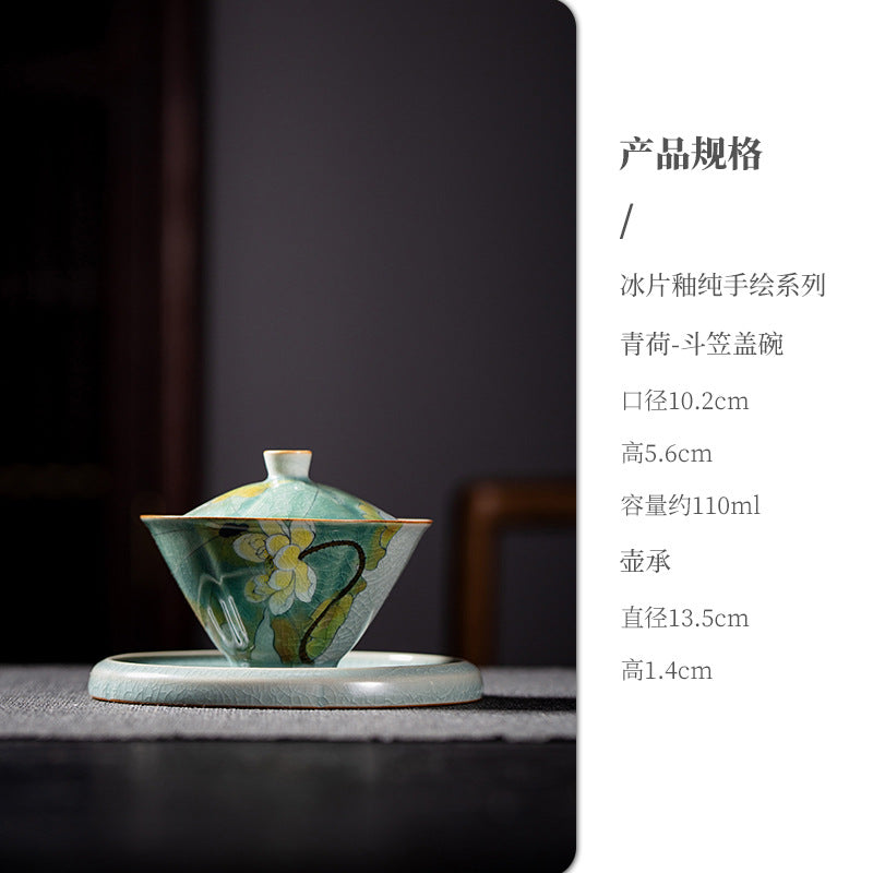 Authentic Ice-Flake Crackle Hand-Painted San Cai Gaiwan - 165ml Anti-Scald Tea Bowl