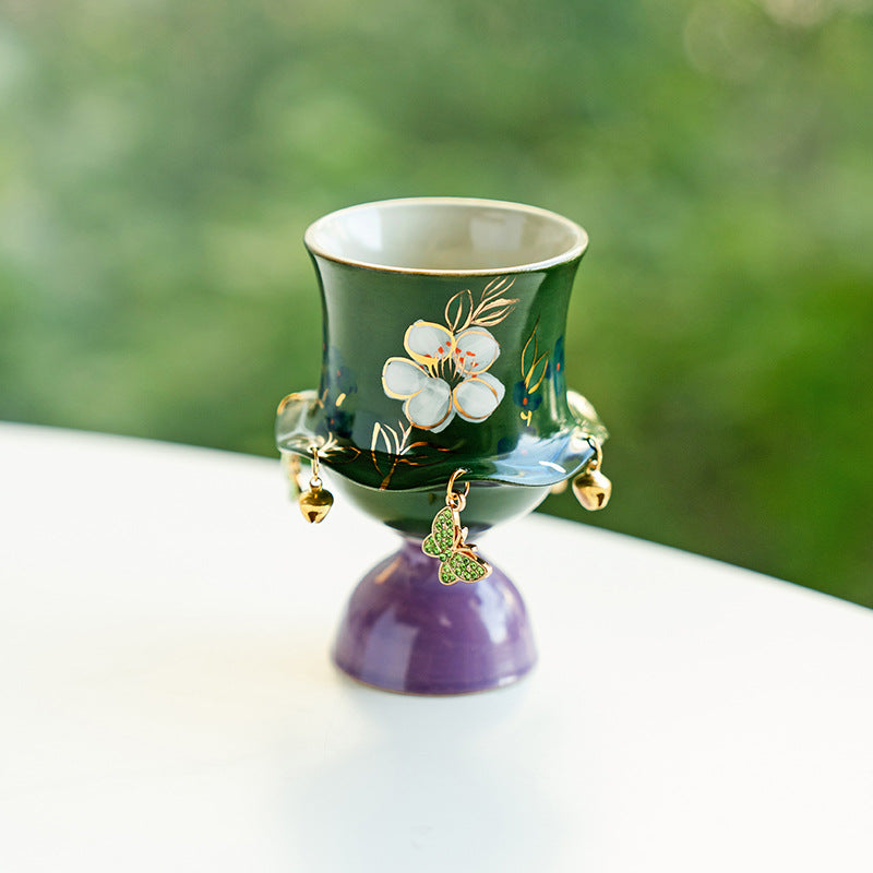 Authentic Hand-Painted Jasmine Blossom High-Stem Fengya Master Teacup - 75ml Gongfu Cup