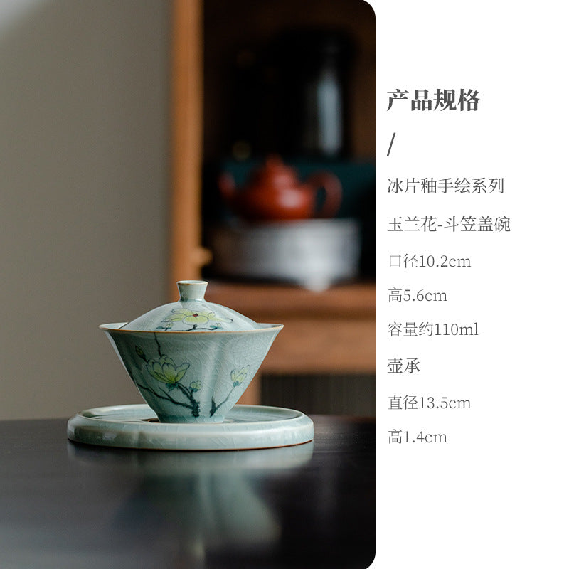 Authentic Ice-Flake Crackle Hand-Painted San Cai Gaiwan - 165ml Anti-Scald Tea Bowl