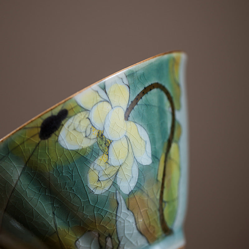 Authentic Ice-Flake Crackle Hand-Painted San Cai Gaiwan - 165ml Anti-Scald Tea Bowl