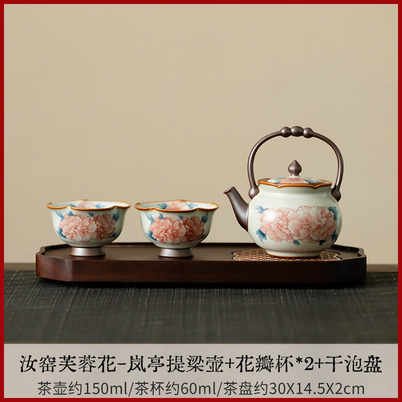 Authentic Ru Ware Celadon Hibiscus Lanting Beam Teapot Set with Pair Cups & Dry Tray - Complete Suite