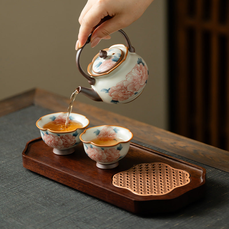Authentic Ru Ware Celadon Hibiscus Lanting Beam Teapot Set with Pair Cups & Dry Tray - Complete Suite