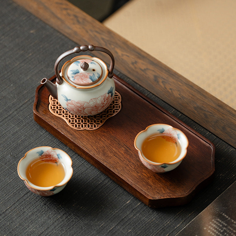 Authentic Ru Ware Celadon Hibiscus Lanting Beam Teapot Set with Pair Cups & Dry Tray - Complete Suite