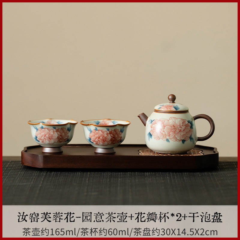 Authentic Ru Ware Celadon Hibiscus Lanting Beam Teapot Set with Pair Cups & Dry Tray - Complete Suite