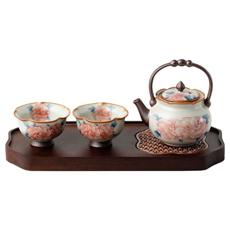 Authentic Ru Ware Celadon Hibiscus Lanting Beam Teapot Set with Pair Cups & Dry Tray - Complete Suite