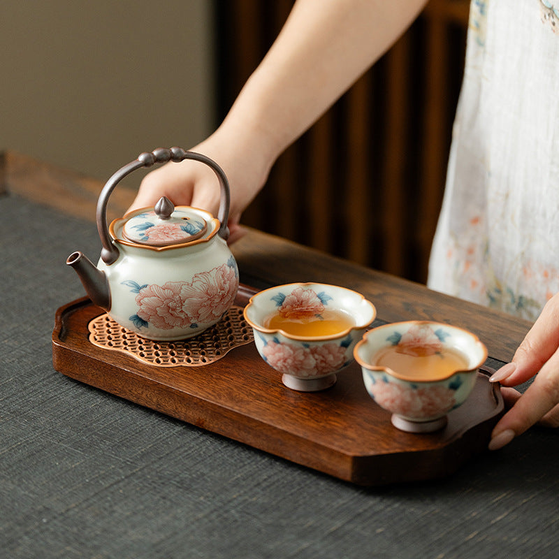 Authentic Ru Ware Celadon Hibiscus Lanting Beam Teapot Set with Pair Cups & Dry Tray - Complete Suite