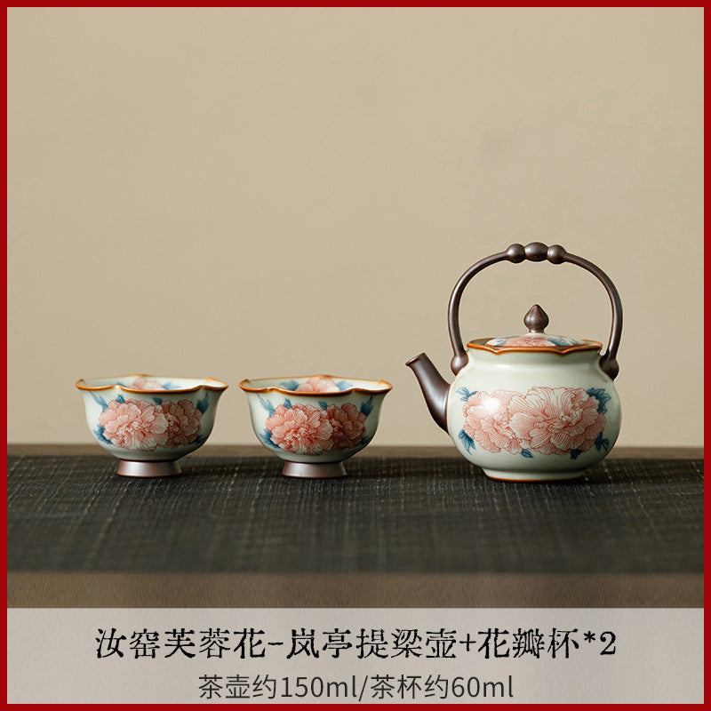 Authentic Ru Ware Celadon Hibiscus Lanting Beam Teapot Set with Pair Cups & Dry Tray - Complete Suite