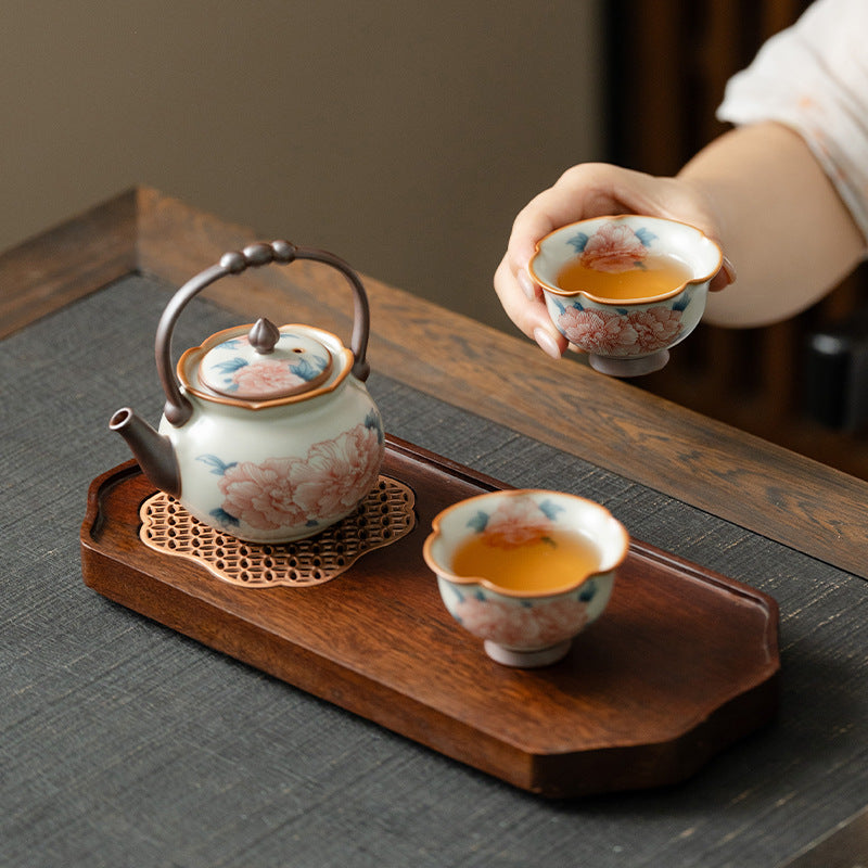 Authentic Ru Ware Celadon Hibiscus Lanting Beam Teapot Set with Pair Cups & Dry Tray - Complete Suite