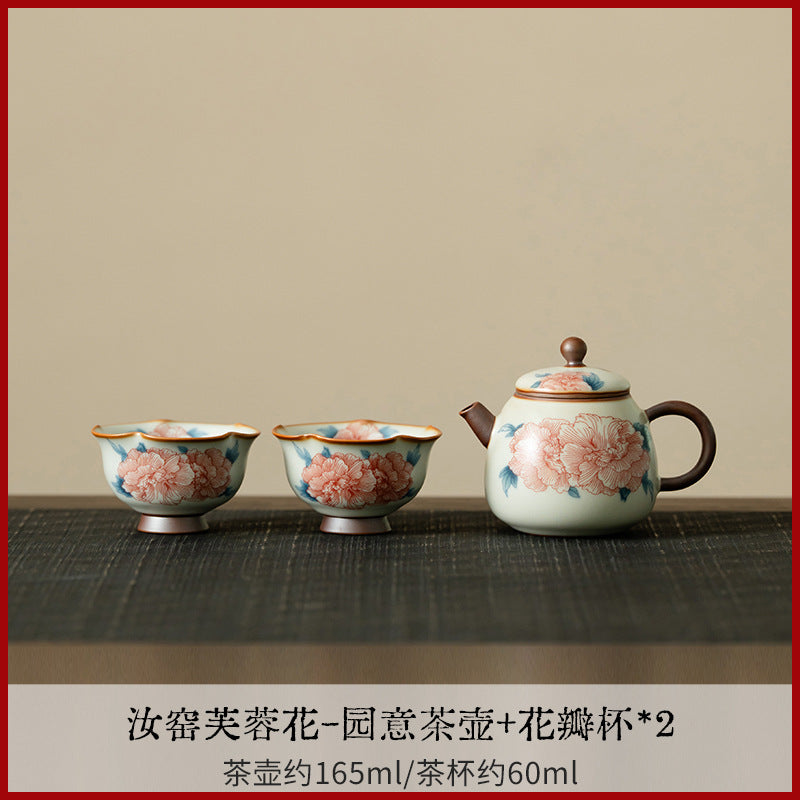 Authentic Ru Ware Celadon Hibiscus Lanting Beam Teapot Set with Pair Cups & Dry Tray - Complete Suite