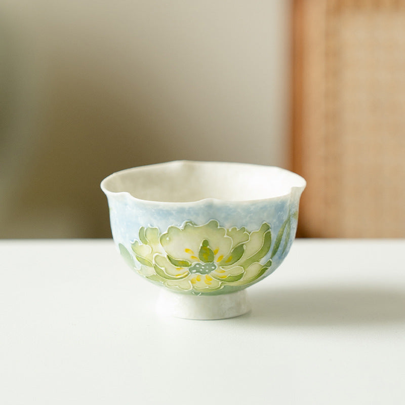 Authentic Lotus Reflection Blue Hand-Painted Petal High-Stem Master Teacup - 75ml Gongfu Cup