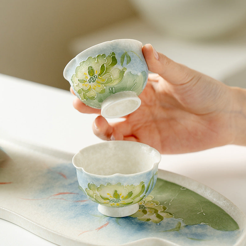 Authentic Lotus Reflection Blue Hand-Painted Petal High-Stem Master Teacup - 75ml Gongfu Cup