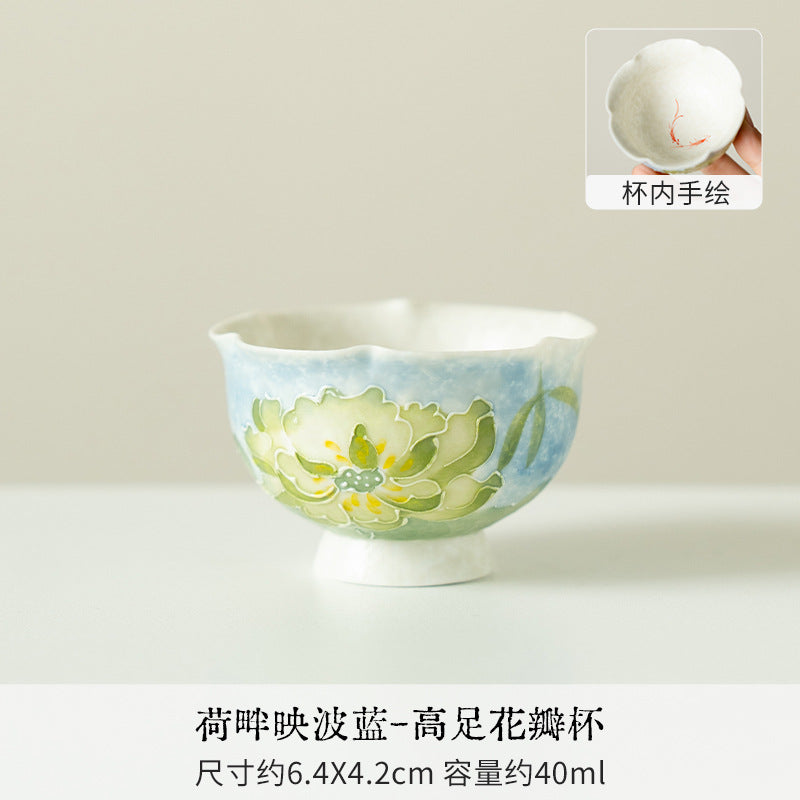 Authentic Lotus Reflection Blue Hand-Painted Petal High-Stem Master Teacup - 75ml Gongfu Cup