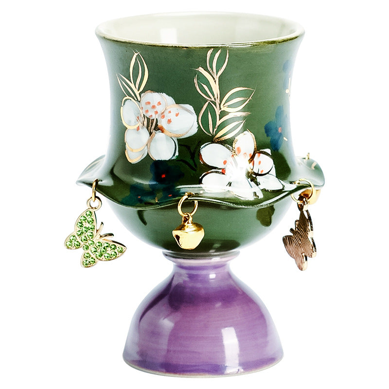 Authentic Hand-Painted Jasmine Blossom High-Stem Fengya Master Teacup - 75ml Gongfu Cup