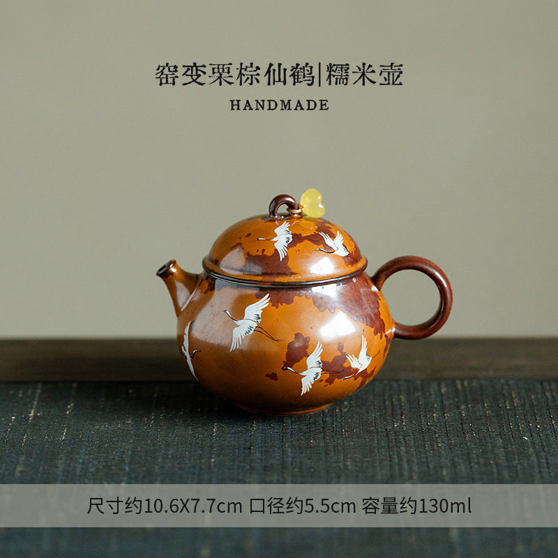 Authentic Flambé Chestnut Brown Descending Crane Gaiwan & Pot Bearer Suite - 170ml Tea Bowl Set