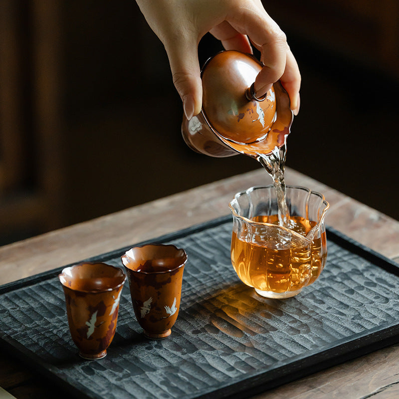Authentic Flambé Chestnut Brown Descending Crane Gaiwan & Pot Bearer Suite - 170ml Tea Bowl Set
