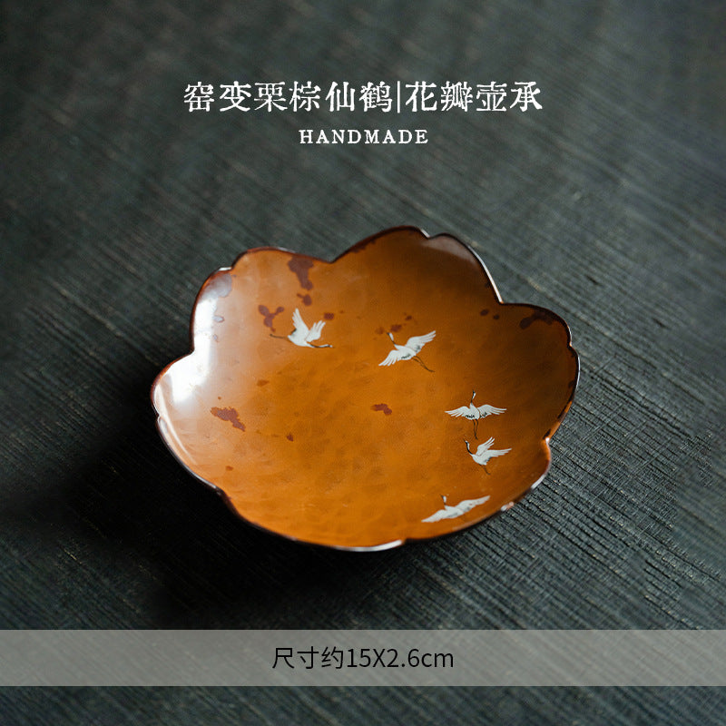 Authentic Flambé Chestnut Brown Descending Crane Gaiwan & Pot Bearer Suite - 170ml Tea Bowl Set
