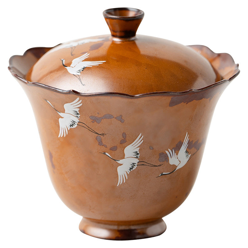 Authentic Flambé Chestnut Brown Descending Crane Gaiwan & Pot Bearer Suite - 170ml Tea Bowl Set
