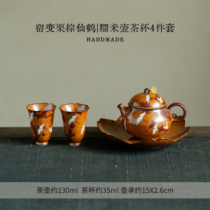Authentic Flambé Chestnut Brown Descending Crane Gaiwan & Pot Bearer Suite - 170ml Tea Bowl Set