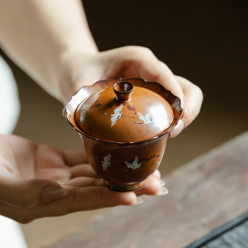 Authentic Flambé Chestnut Brown Descending Crane Gaiwan & Pot Bearer Suite - 170ml Tea Bowl Set