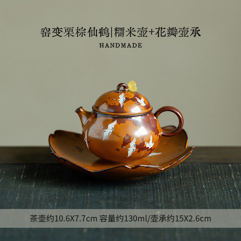 Authentic Flambé Chestnut Brown Descending Crane Gaiwan & Pot Bearer Suite - 170ml Tea Bowl Set