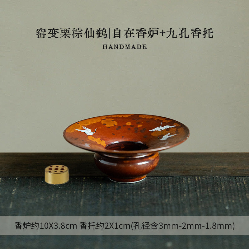 Authentic Flambé Chestnut Brown Descending Crane Gaiwan & Pot Bearer Suite - 170ml Tea Bowl Set