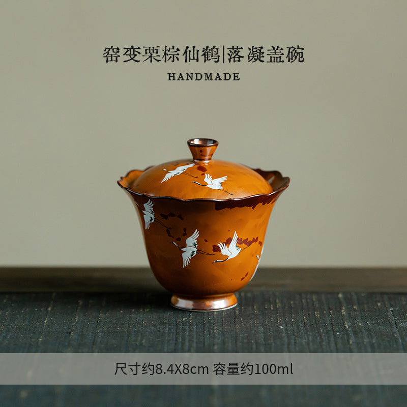 Authentic Flambé Chestnut Brown Descending Crane Gaiwan & Pot Bearer Suite - 170ml Tea Bowl Set