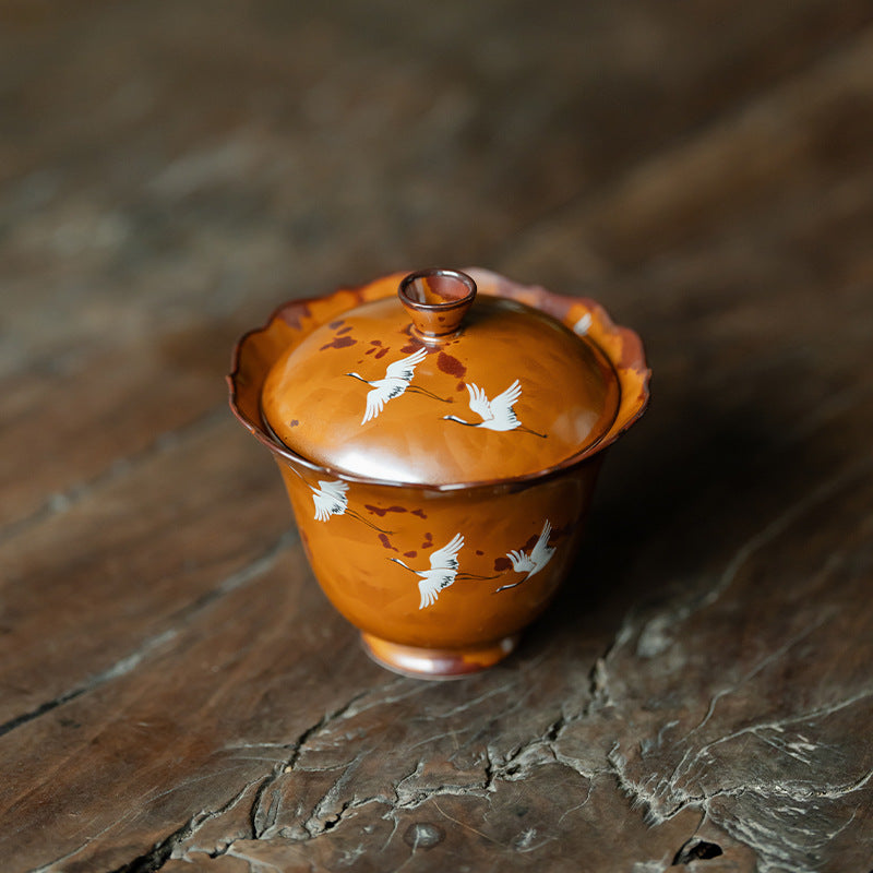 Authentic Flambé Chestnut Brown Descending Crane Gaiwan & Pot Bearer Suite - 170ml Tea Bowl Set