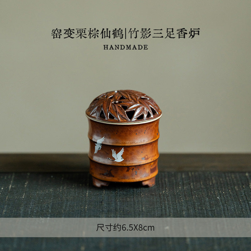 Authentic Flambé Chestnut Brown Descending Crane Gaiwan & Pot Bearer Suite - 170ml Tea Bowl Set