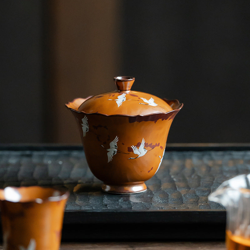Authentic Flambé Chestnut Brown Descending Crane Gaiwan & Pot Bearer Suite - 170ml Tea Bowl Set