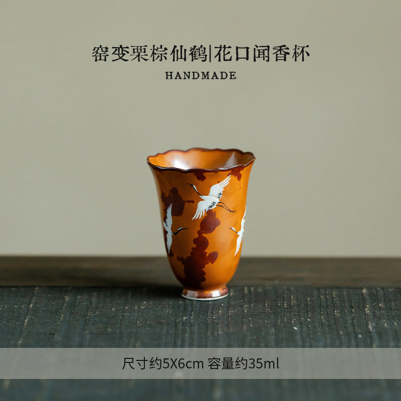 Authentic Flambé Chestnut Brown Descending Crane Gaiwan & Pot Bearer Suite - 170ml Tea Bowl Set
