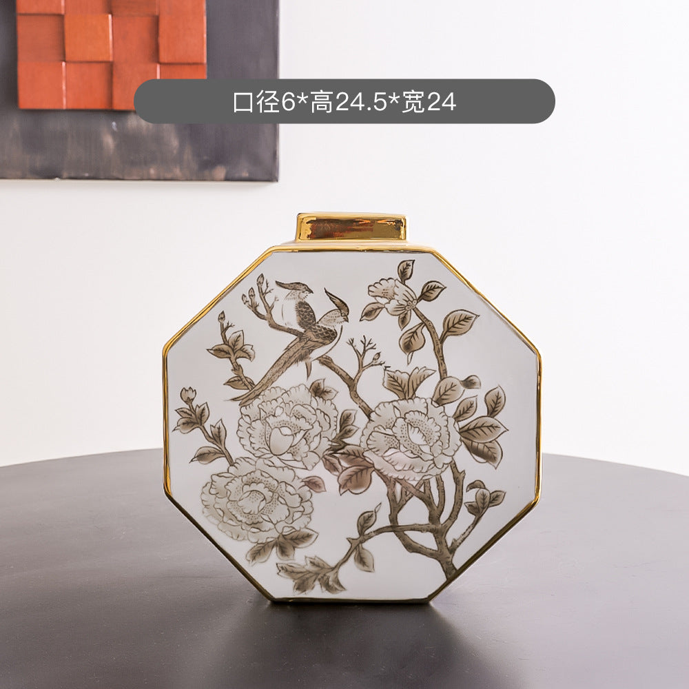 Ivory and gold octagonal floral flask, medium, 24 cm wide and 24.5 cm high