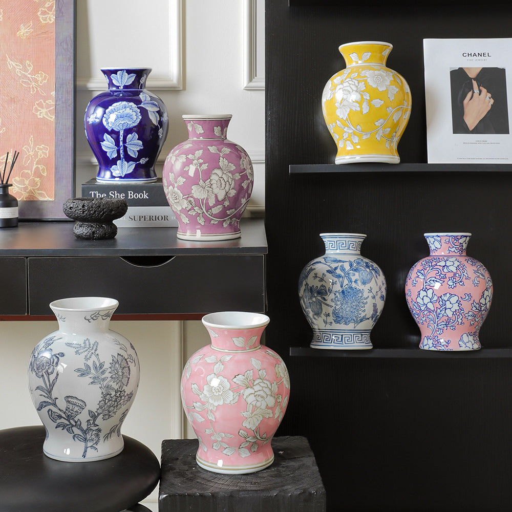 Chinoiserie ceramic vase collection styled on black shelving