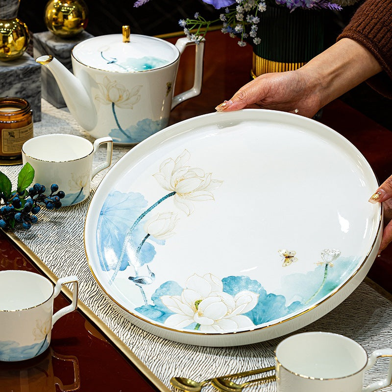 Chu Shui Fu Rong lotus bone china water set with pot cups and tray