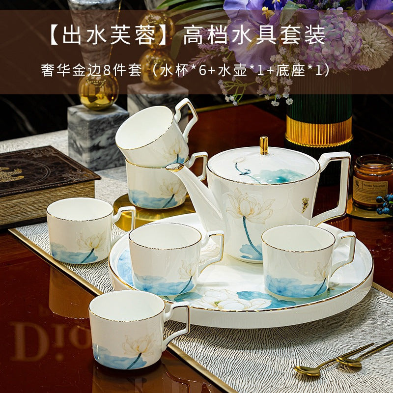 Chu Shui Fu Rong lotus bone china water pot and cups detail