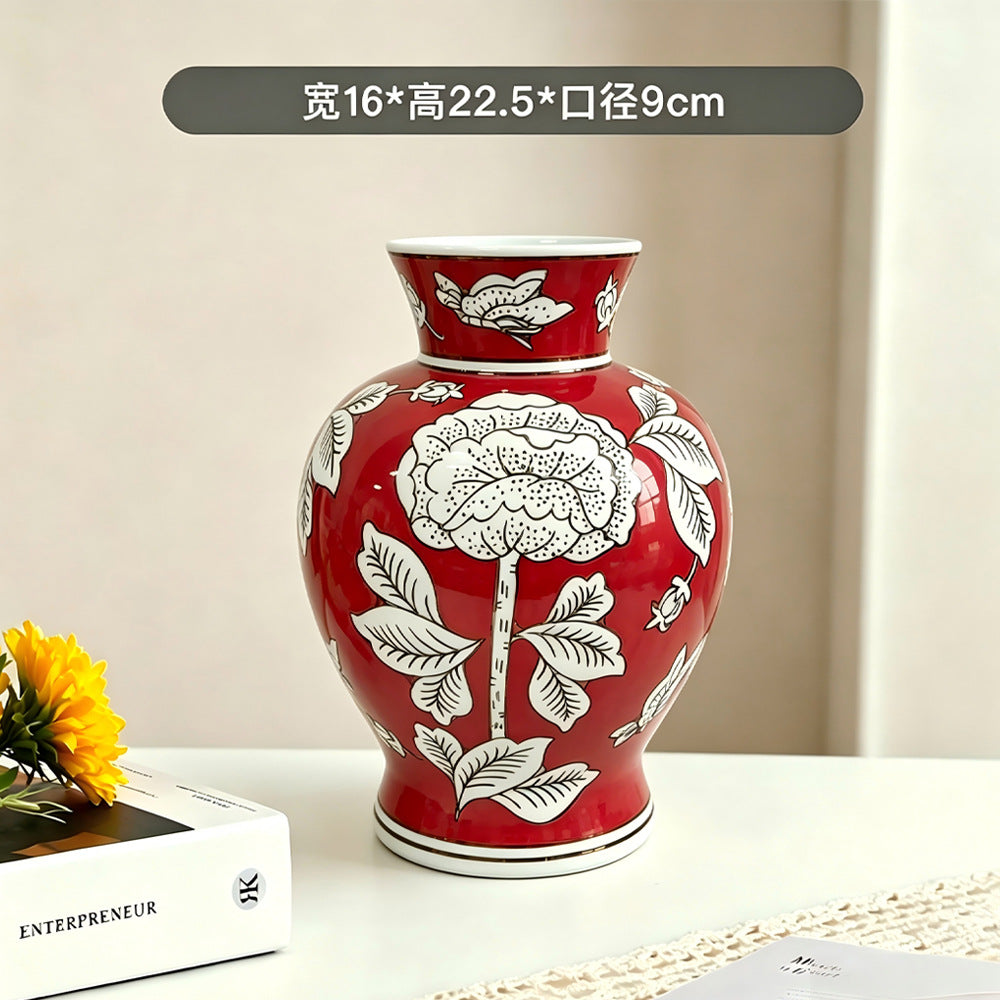 Cinnabar red and white peony vase, 16 cm wide and 22.5 cm high
