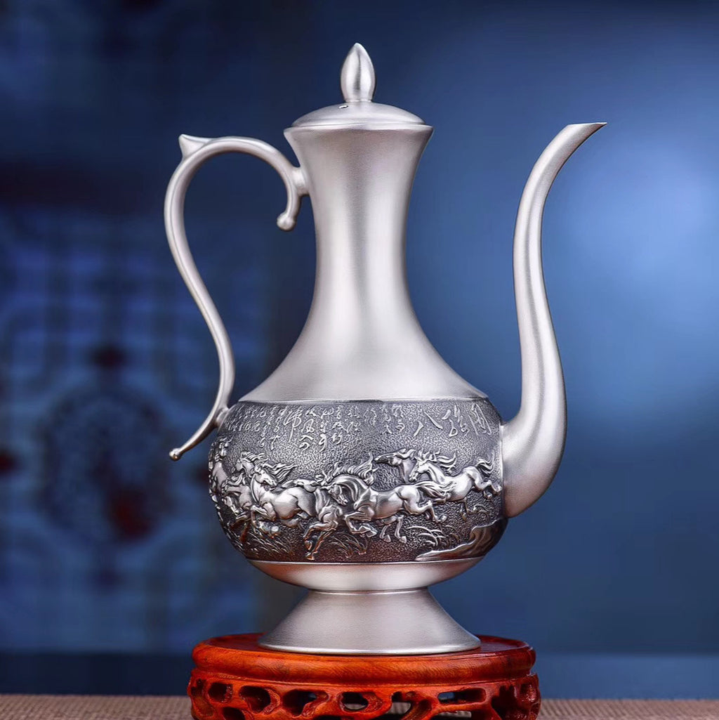 Antique-finish 999 silver Eight Horses wine ewer and cups