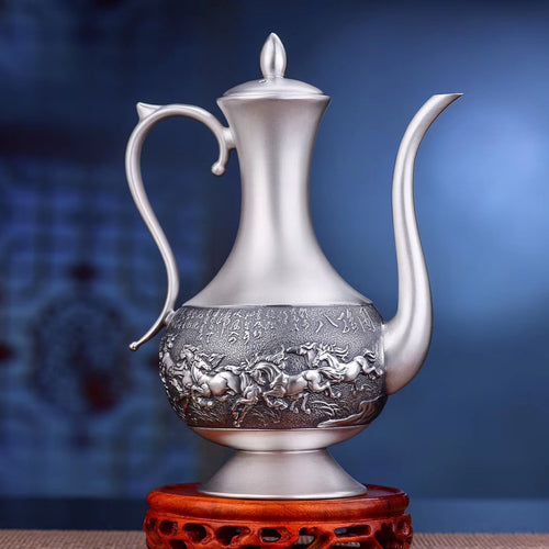 Antique-finish 999 silver Eight Horses wine ewer and cups