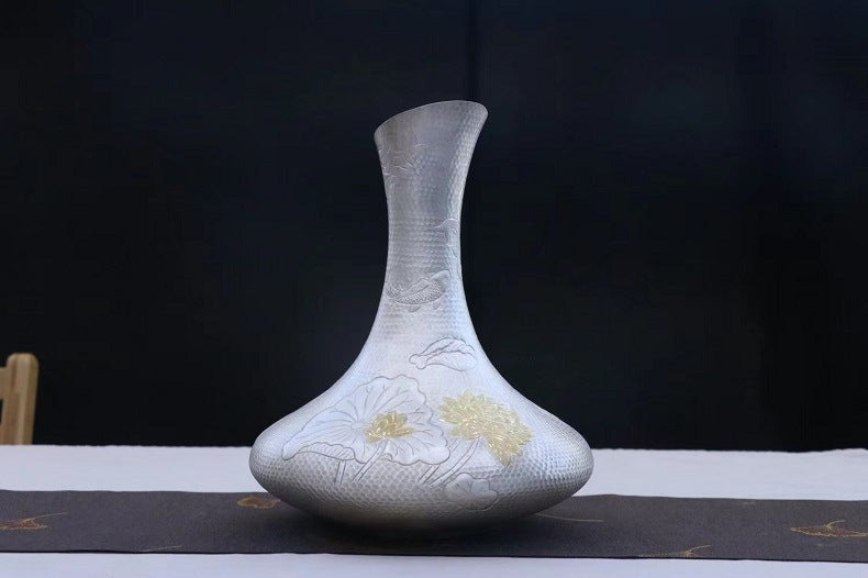 999 fine silver koi and lotus wine decanter with gold-tone lotus accents