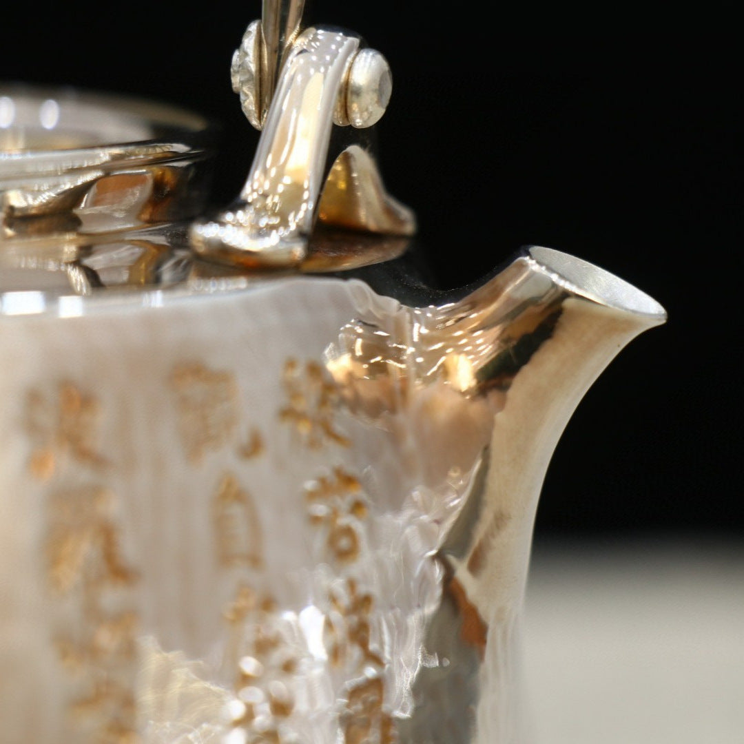 Handmade 960ml silver tea kettle side view