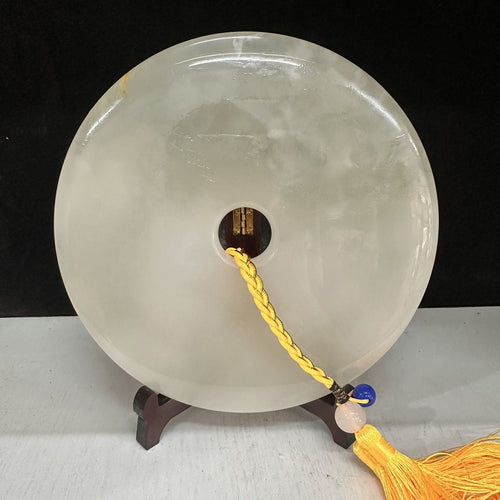 Pattern 01 Crystal Mist natural Afghan stone Chinese peace buckle bi-disc ornament 20 cm with wood display stand