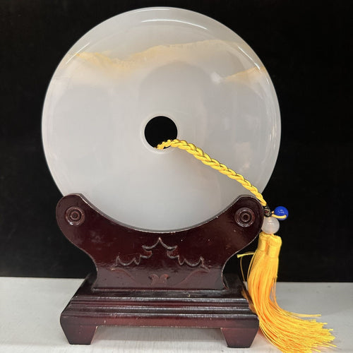 Pattern 02 Ivory Sunrise natural Afghan stone Chinese peace buckle bi-disc ornament 20 cm with wood display stand
