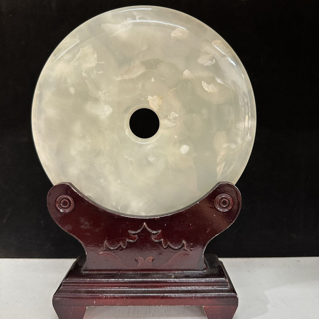 Pattern 03 Frosted Marble natural Afghan stone Chinese peace buckle bi-disc ornament 20 cm with wood display stand