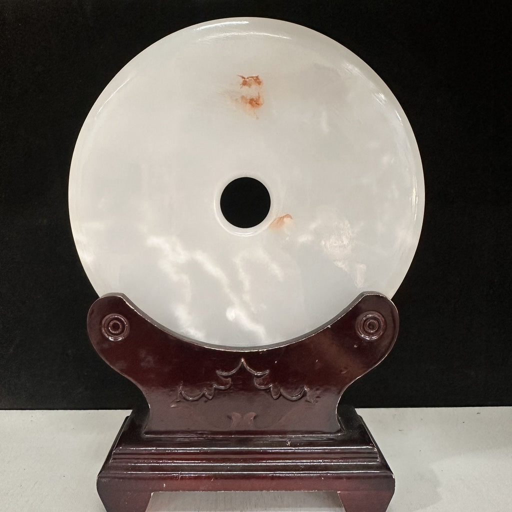 Pattern 04 Snow Peach Speck natural Afghan stone Chinese peace buckle bi-disc ornament 20 cm with wood display stand