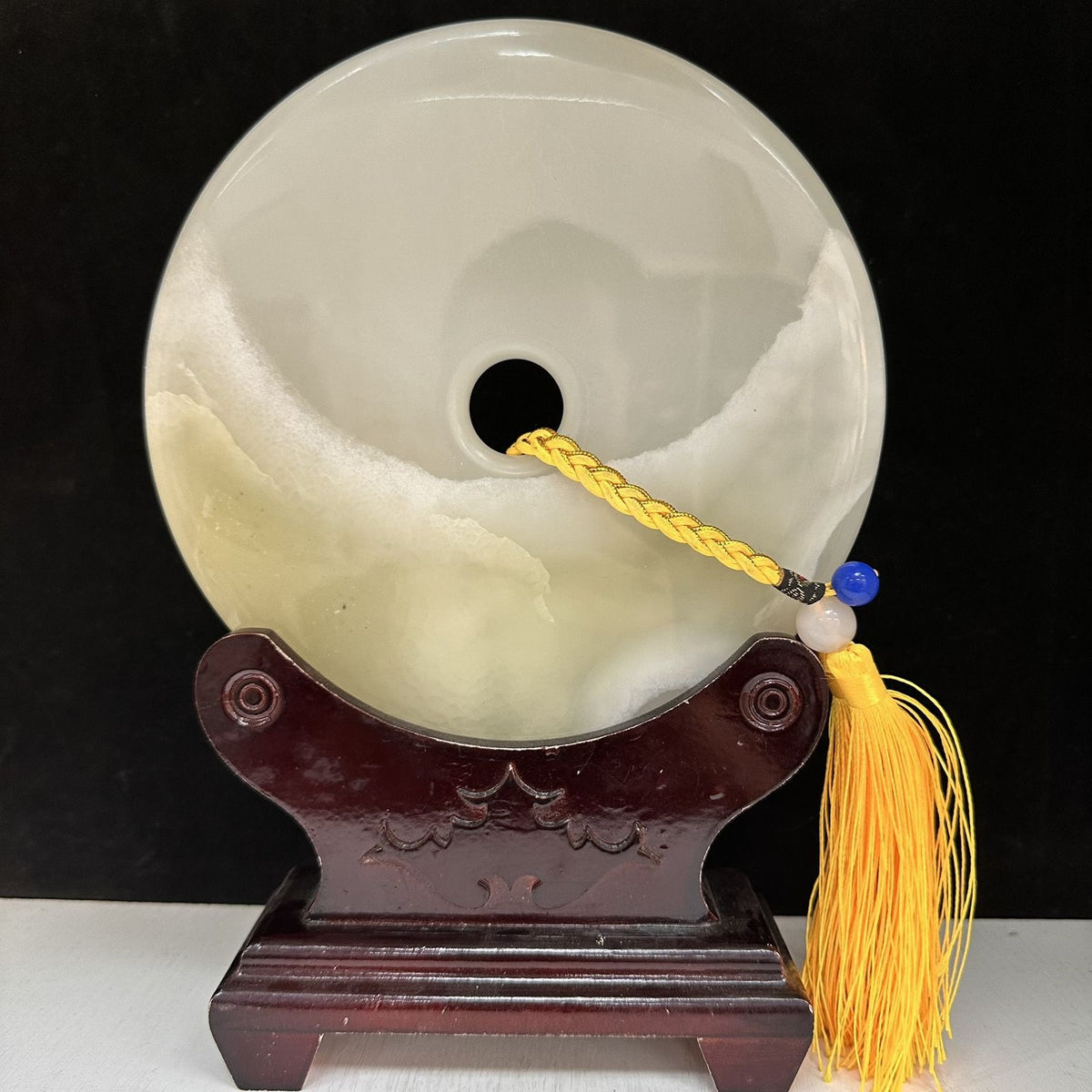 Pattern 07 Ivory Moon natural Afghan stone Chinese peace buckle bi-disc ornament 20 cm with wood display stand