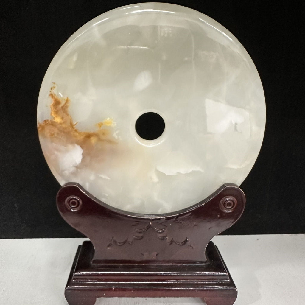 Pattern 09 Honey Bloom natural Afghan stone Chinese peace buckle bi-disc ornament 20 cm with wood display stand