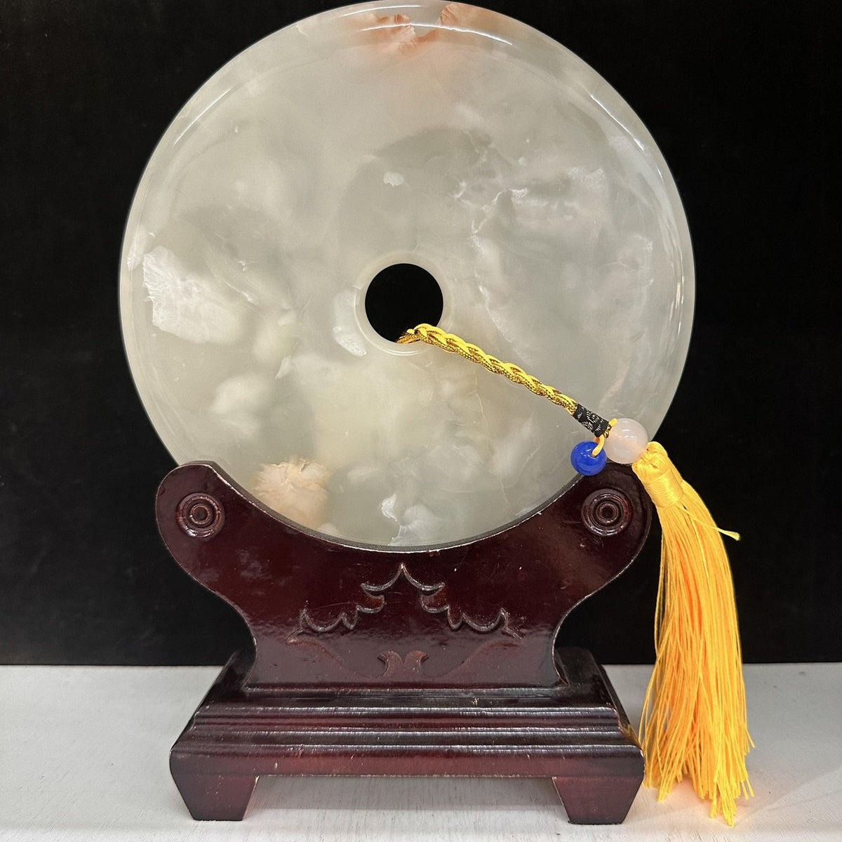 Pattern 11 Crystal Honey natural Afghan stone Chinese peace buckle bi-disc ornament 20 cm with wood display stand