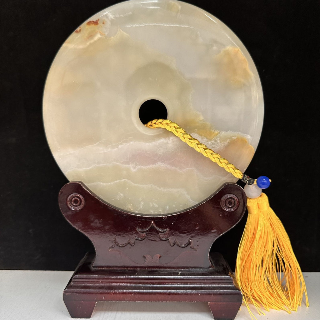 Pattern 13 Amber Horizon natural Afghan stone Chinese peace buckle bi-disc ornament 20 cm with wood display stand